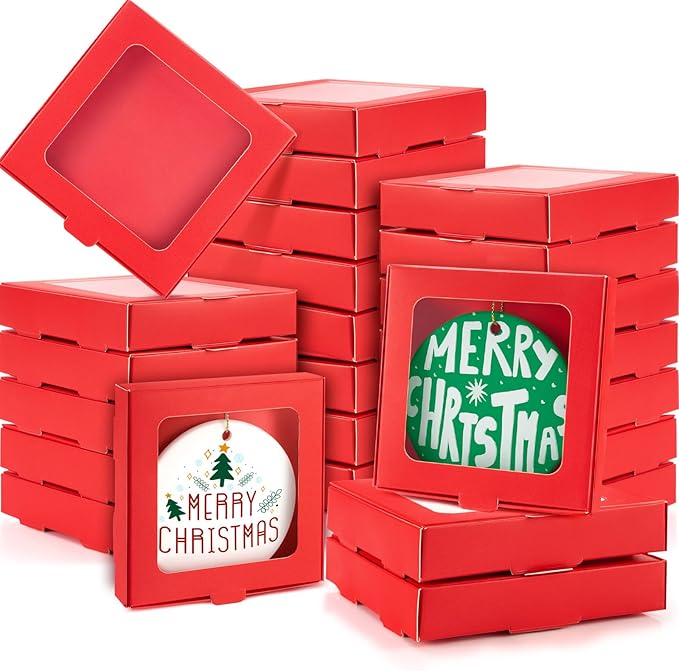 25 Pcs Sublimation Ornament Blanks Box 3.6"x3.6"x0.7" Christmas Ornaments Holder Ceramic Discs Packaging Box with Window for Personalized Xmas Tree Blanks Bulk (Red)