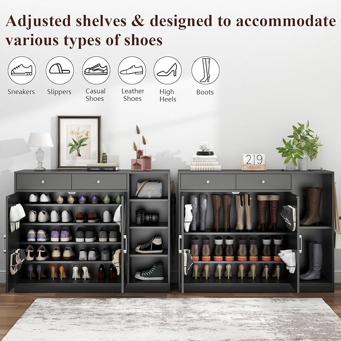 Loomie 5-Tier Shoe Cabinet with 4 Side Cubbies, Farmhouse Shoe Rack Cabinet with 6 Adjustable Shelves & 2 Drawers, Freestanding Shoe Storage Cabinet with 4 Brackets & 2 Hooks for Entryway (Black)
