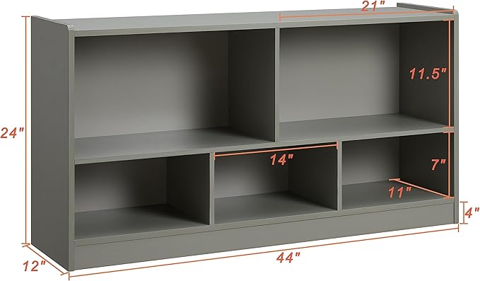 Toy Organizers and Storage, 5-Section Kids Bookshelf for Organizing Books Toys, School Classroom Wooden Storage Cabinet for Children's Room, Playroom, Nursery (Grey)
