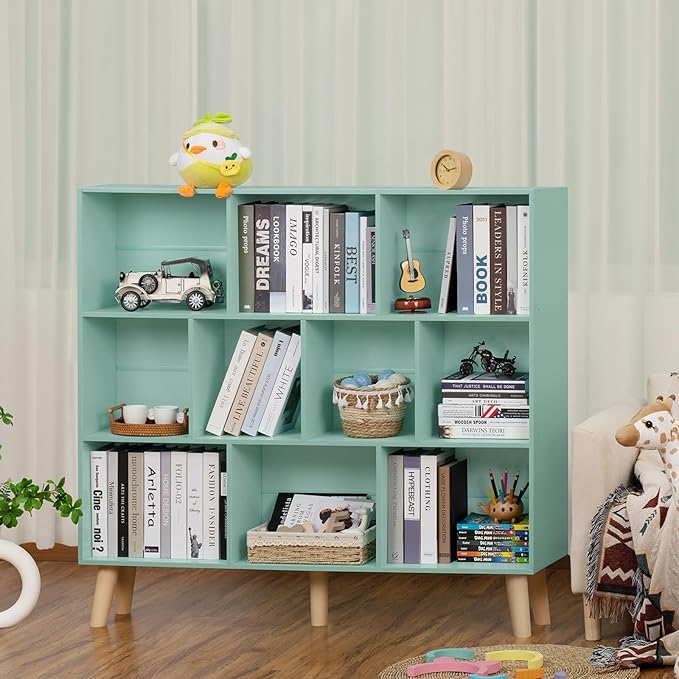 LEYAOYAO 10 Cube Bookshelf,3 Tier Modern Wide Bookcase with Legs,Mid-Century Wood Bookshelves Storage,Mint-Green Large Book Case,Freestanding Organizer Display Shelf for Bedroom,Living Room,Office