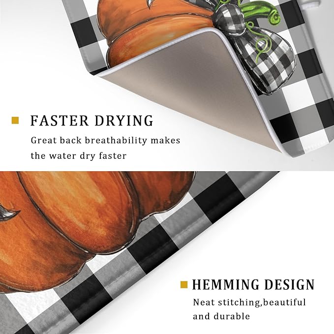 Fall Pumpkin Dish Drying Mat for Kitchen Counter Black White Buffalo Check Thanksgiving Super Absorbent Reversible Microfiber Kitchen Countertop Protector Dishes Pad Large 18x24 inch