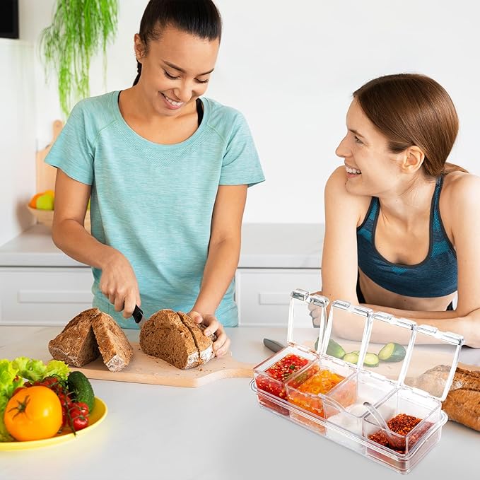 Clear Seasoning Box, 4 Piece Seasoning Rack Spice Pots, Plastic Storage Container Condiment Jars with Lids and Spoon, Storage Container Spice Jar for Salt Sugar Tea Herbal Coffee Beans