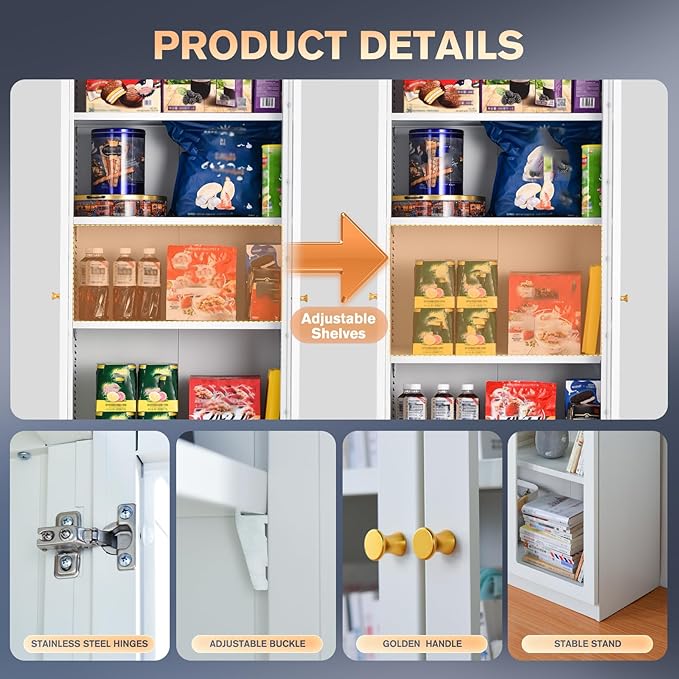 5 Tier Metal Curio Cabinets, Modern Bookshelf Cabinet with 4 Adjustable Shelves, Cabinet Display Case for Home Office, Living Room, Pantry (White-27.5W)