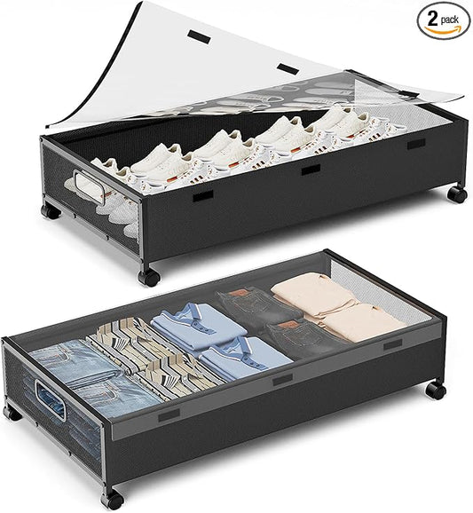 Under Bed Storage Containers with Wheels, 2 Pack Underbed Shoe Storage Organizer with Removable Lids, Large Rolling Under Bed Storage Dresser Drawers for Clothes Toys Shoes Blankets