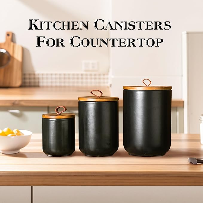 JOJUNO Black Ceramic Canister Set with Wooden Lid, 3-Piece Airtight Food Storage Jars for Kitchen Counter - Flour, Sugar, Coffee, Tea, Spice - Small, Medium, Large Sizes