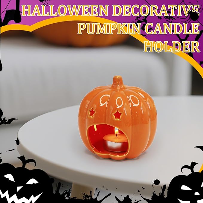 Halloween Pumpkin Candle Holder, Ceramic Candle Stick Holder with Star Hole, Orange Candle Holders for Candlesticks, Halloween Decor Gift for Daughter, Mother, Girlfriend & Kids