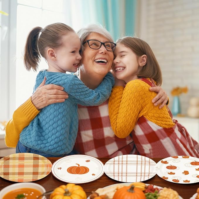 48Pcs Fall 7inch Paper Plates - Pumpkin Maple Leaf Dessert Plates for Cake Salad Fruit Disposable Autumn Party Supplies for Fall Thanksgiving Harvest Picnic Decoration, 4 Styles