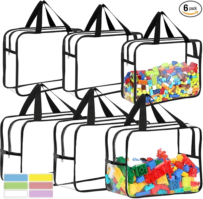 6 Packs Large Toy Storage Bags with Labels, Reusable Clear PVC Board Game Storage, Travel Waterproof Organizer Bags with Zipper for Building Blocks, Puzzle, Kids Books(3 large & 3 Extra Large)