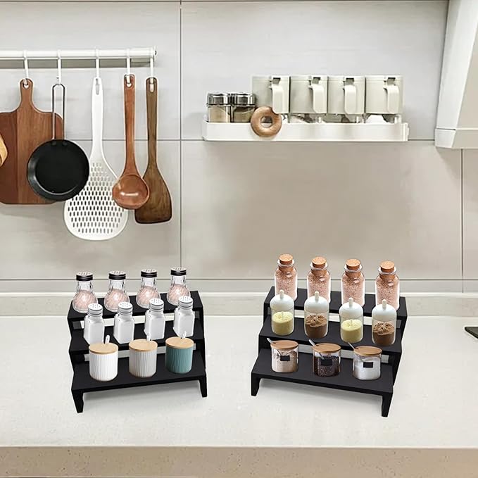 Display Wood Risers Wooden Stand 3 Tier Black Wood Racks Decorative Rectangular, 2 Set 6 Piece Cupcake Stands Cologne Perfume Organizer Dessert Showcase(Black)