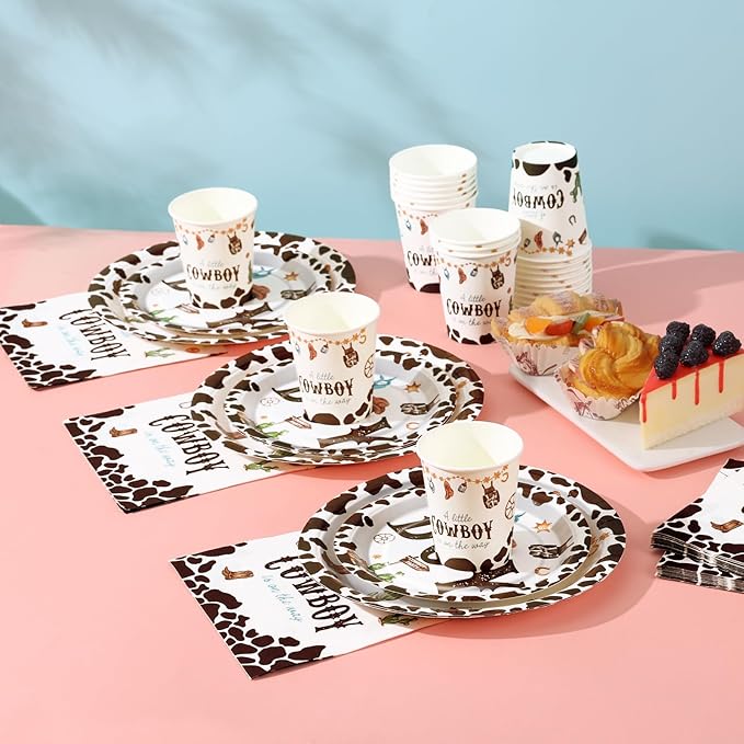 168 Pcs Cowboy Baby Shower Decorations, A Little Cowboy is on the Way Boy,Baby Boy Shower Plates and Napkins Sets Serves 24, Western Baby Shower Decorations, Its A Boy, Brown