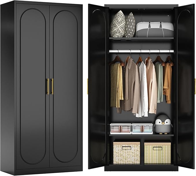Metal Armoire Wardrobe Closet with 2 Doors, 71" Black Wardrobe Cabinet with Hanging Rod and Adjustable Shelves, Tall Clothing Storage Cabinets for Bedroom, Laundry Room, Home Office