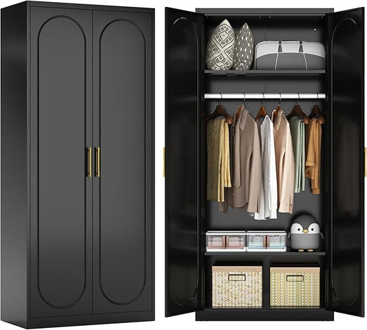Metal Armoire Wardrobe Closet with 2 Doors, 71" Black Wardrobe Cabinet with Hanging Rod and Adjustable Shelves, Tall Clothing Storage Cabinets for Bedroom, Laundry Room, Home Office