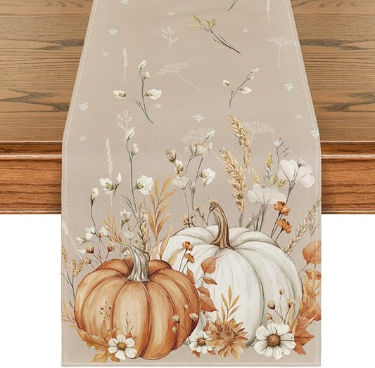 Artoid Mode Pumpkins Leaves Flowers 210 GSM Fall Table Runner, Seasonal Autumn Kitchen Dining Table Decoration for Home Party Decor 13x72 Inch