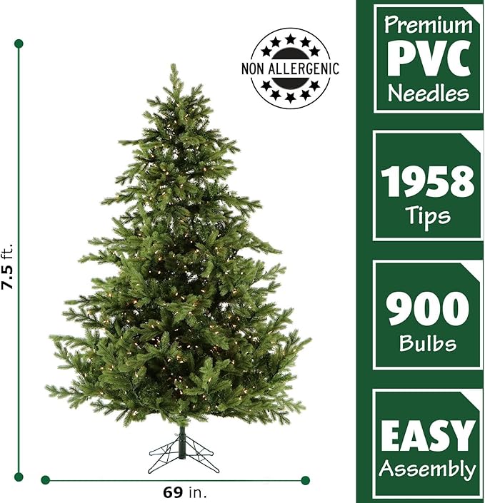 Fraser Hill Farm 7.5-Ft. Foxtail Pine Artificial Christmas Tree with White Incandescent Smart Lights and Stand, Prelit Foldable Fake Tree with Realistic Foliage for Home Decoration