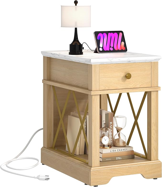 YITAHOME Farmhouse End Table, Side Table with Power Outlets, Nightstand with Drawer and Open Storage, Rustic End Table for Living Room, Sleeping Room, Natural Walnut