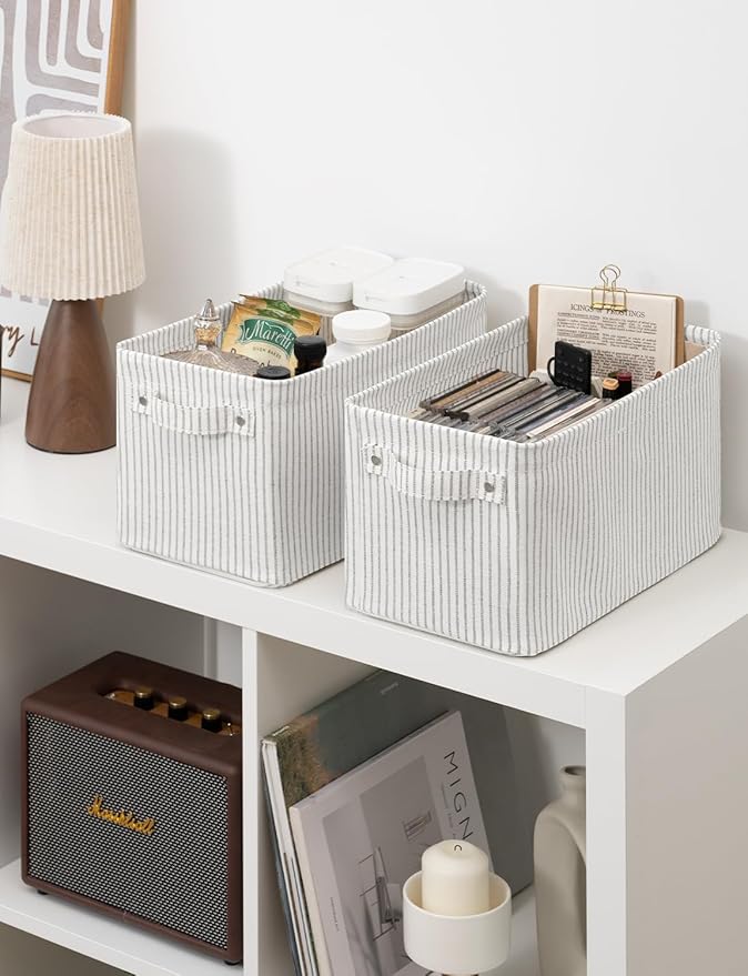 StorageWorks Narrow Storage Bins, Small Basket for Closet and Shelves, Rectangular Fabric Organizer with Handles, Toilet Paper Storage, Gray and White, 2-Pack