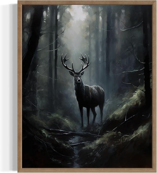 Deer in Forest Poster Art Print, Halloween Scary Vintage Wall Art Academia Spooky Painting Decoration for Horror Prints, Gothic Posters Bedroom Decor 89 (Deer in Forest, 8 x 10 inches, Wood Frame)
