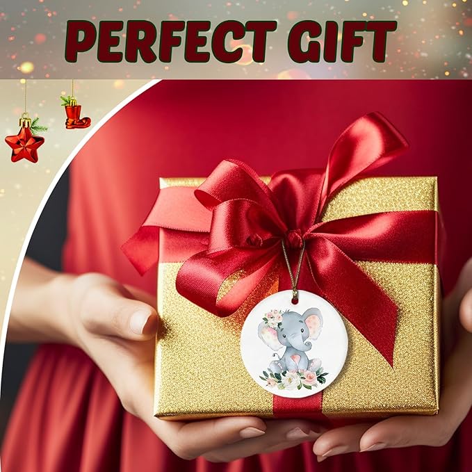 Elephant Ornament, Elephant Ornaments for Christmas Tree, Elephant Gifts for Women, Elephant Floral Ceramic Christmas Ornaments, Elephant Decorative Hanging Ornament