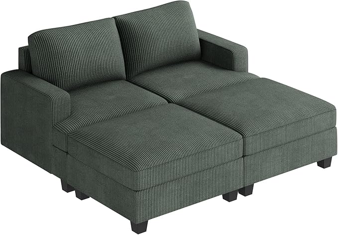 Nolany Corduroy Sectional Couch with Storage Ottoman, Sleeper Sectional Sofa, Modular Sectional Couches for Living Room, Green