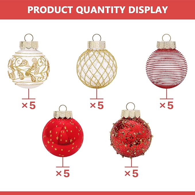 25PCS Christmas Ornaments Set, 2.36"/6CM Clear Plastic Shatterproof Christmas Ball Hanging Ornaments for Xmas Tree Decorations, for Indoor Home Party Holiday Decor - Red/Gold.