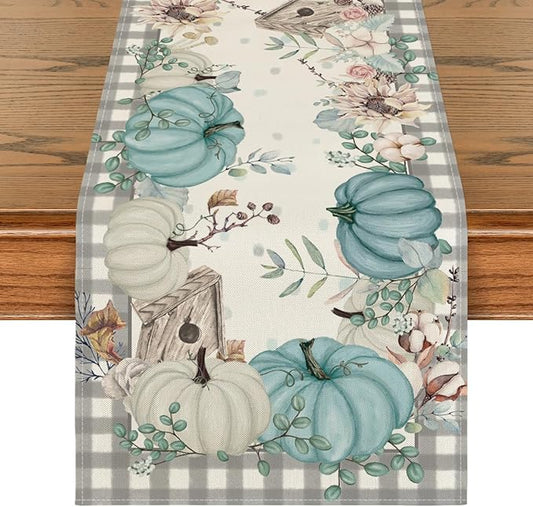 Artoid Mode Buffalo Plaid Pumpkins Leaves Fall Table Runner, Autumn Thanksgiving Kitchen Dining Table Decoration for Home Party Decor 13x72 Inch