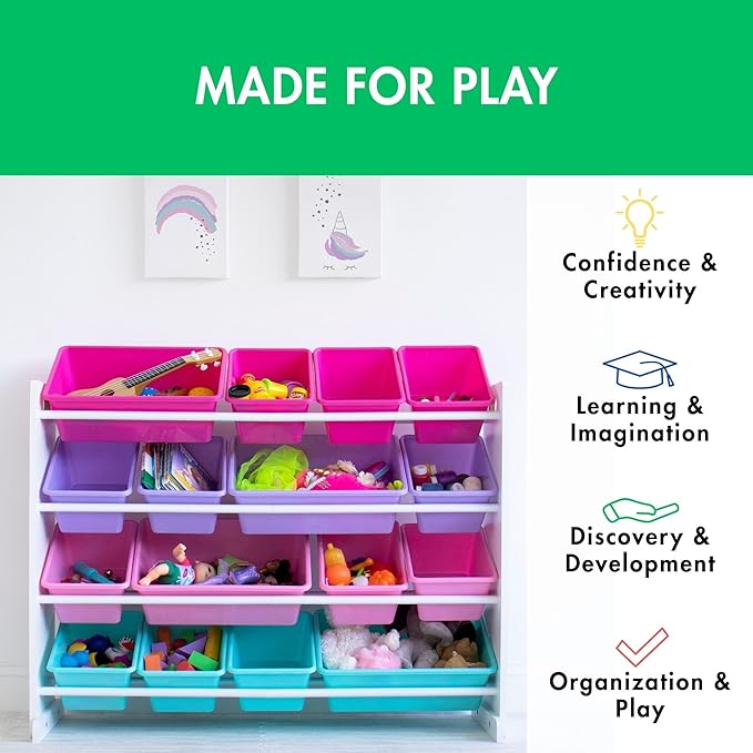 Humble Crew Supersized Toy Storage Organizer with 16 Removable Bins, White/Blue/Pink/Purple – Large Toy Storage for Toddlers Ideal for Kids' Rooms, Playrooms, and Nurseries - Modern Toy Bins for Kids