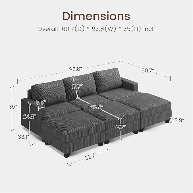Nolany Corduroy Sectional Couch with Storage Ottoman, Sleeper Sectional Sofa with Chaise, Modular Sectional Couches for Living Room, Dark Grey