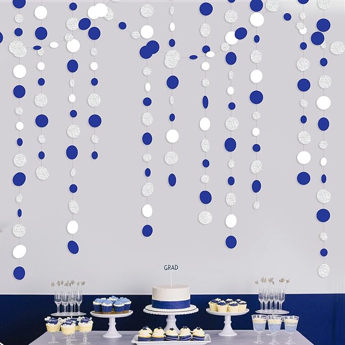 46 Feet Navy Blue White and Silver Circle Dots Garland Royal Blue Hanging Paper Polka Dots Streamer for Birthday Wedding Bridal Baby Shower Nautical Ahoy Achor Pirate Theme Party Decorations Supplies