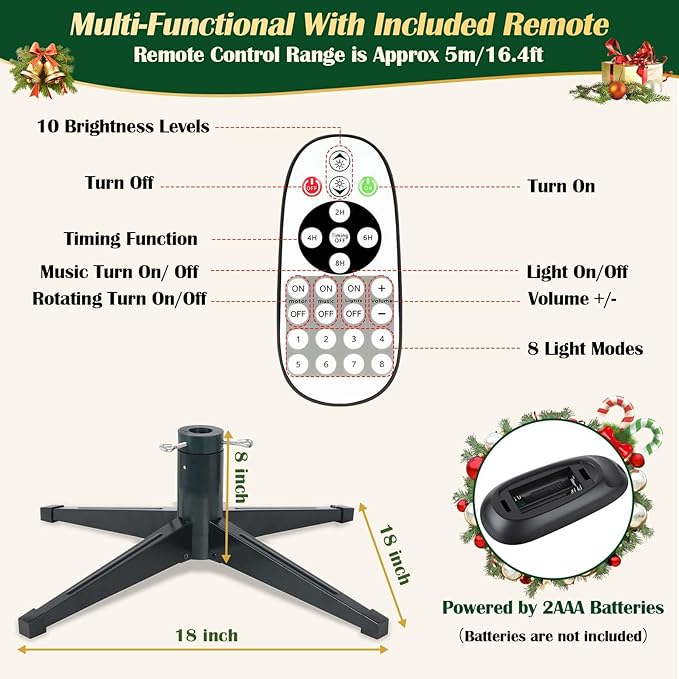 6.5FT Pre-Lit Christmas Tree with Remote Control, Multi-Color LED Lights, Musical Rotating Christmas Tree Stand, Easy Assembly in 3 Sections, Foldable Metal Stand for Home Holiday Decor