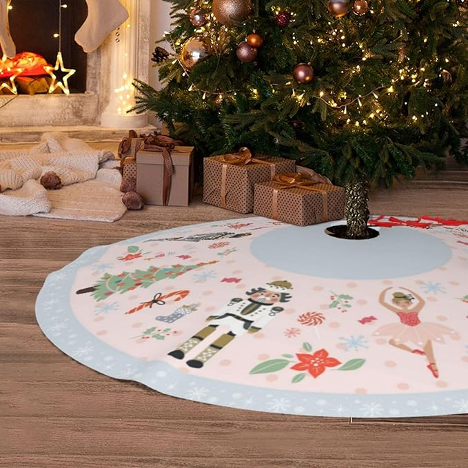 48" Large Christmas Tree Skirt, Cute Nutcracker Candy Pattern Tree Mat Base Cover for Xmas Festive Holiday Party Decoration Ornaments