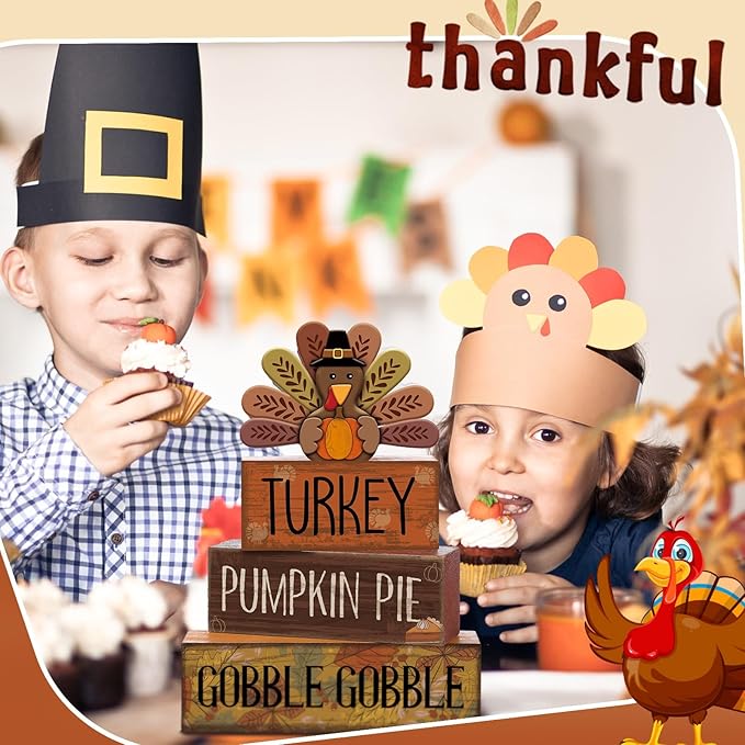 4 Pcs Fall Decorations for Home Thanksgiving Tiered Tray Decor Fall Table Decor Thanksgiving Centerpiece Rustic Wooden Turkey Block Sign for Autumn Harvest Party Table Kitchen Shelf