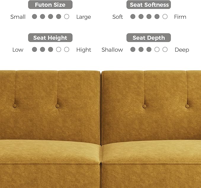 89” Futon Sofa Bed,Comfy Futon Couch Bed with 2 Square Pillows, Convertible Sleeper Sofa with Adjustable Backrest& Armrests, Modern Loveseat Sleeper for Living Room, Bedroom, Yellow