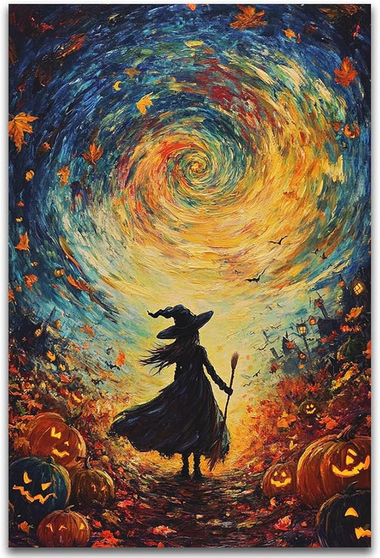 Halloween Autumn Witchy Decor Wall Art Prints,Gothic Witch in Whirlwind Autumn with Pumpkins Scene Pictures Poster,Fall Festival Home Decor Painting Canvas Poster for Bedroom Bathroom,24"x36" Unframed