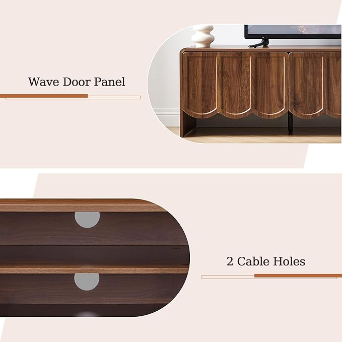 ORRD 63'' TV Stand, Modern TV Console Table Wave Panel Television Stands Entertainment Media Center with Storage Compartment and Sliding Door for Living Room (Walnut)