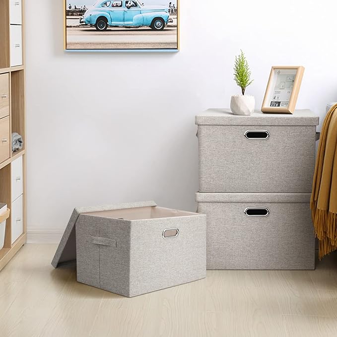 Large 17 36 Quart Collapsible Stackable Storage Bins with Lids, 1 Pack Beige Foldable Fabric Closet Storage Boxes with Lids, 4 Handles Toy Heavyduty Dark Gray Linen Storage Cube Box