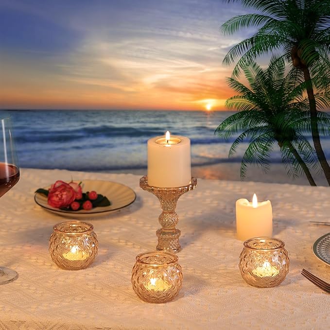 Gold Votive Candle Holders Set of 24- Round Glass Candle Holders Bulk for Table Centerpiece, Tea Lights Candle Holders for Wedding Shower, Party, Home Decor