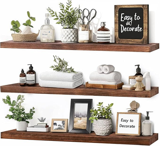 Floating Wall Shelves 3-Pack - 24-Inch Rustic Brown Wooden Shelves for Storage and Décor, Easy Installation for Living Room, Bedroom, and Kitchen