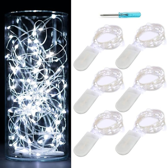 6 Pack Fairy Lights Battery Operated Waterproof Fairy String Lights Firefly Lights LED Starry String Lights 7ft 20 LEDs Silvery Copper Wire for Wedding Party Bedroom Patio Christmas Decor Cool White