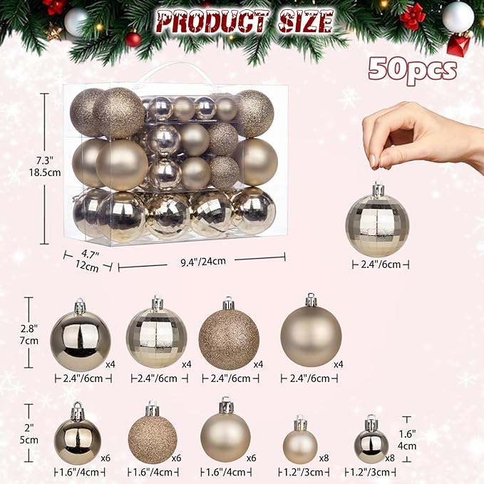 50pcs Champagne Christmas Ball Ornaments Set Shatterproof Christmas Ball for Xmas Tree Xmas Ornaments Balls with Hanging Loop for Xmas Wedding Holiday Party Wreath Home Decor