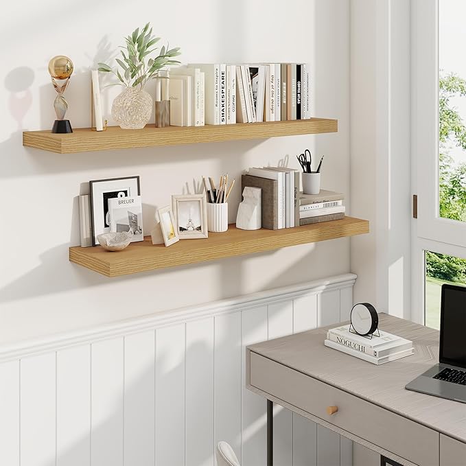 Fun Memories 40" Rustic Wood Floating Shelves with Invisible Brackets for Storage & Decor, Deep Wall Mounted Shelves for Bathroom, Kitchen, Living Room (Oak, Set of 2)