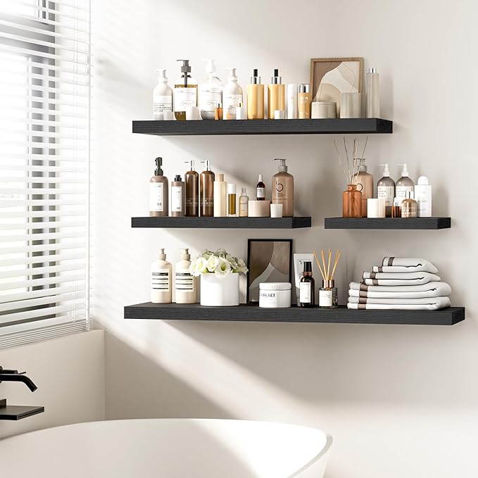 Fun Memories Floating Shelves - 2 Pack 12 Inch Rustic Wooden Wall Shelves - Extra Deeper & Thicker Wall Mounted Storage Shelf for Living Room, Kitchen, Farmhouse - 36" W x 12" D x 1.8"H - Rustic Black