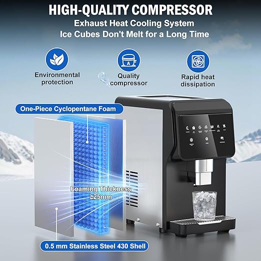 Nugget Ice Maker Countertop, 50LBS/Day with 5LBS Storage Bin, Water Dispenser Countertop Ice Maker Machine Stainless Steel, Soft Chewable Pellet Ice Machine for Home Bar Kitchen Office, Self-Cleaning