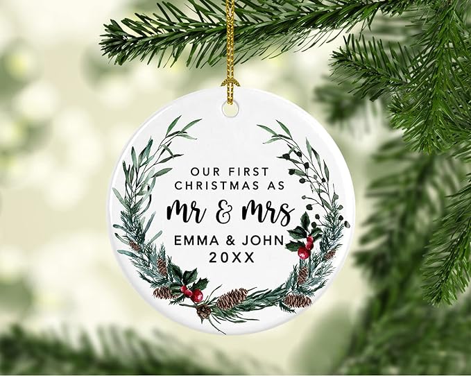 Andaz Press Personalized Our First Christmas As Mr. & Mrs. 2024 Christmas Ornaments Holly & Pinecone Wreath 2.8" Round Porcelain Ceramic 1St Year Married Custom First Christmas Married Ornament 1-Pack