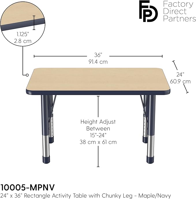 Factory Direct Partners FDP Rectangle Activity School and Classroom Kids Table (24 x 36 inch), Chunky Toddler Leg, Adjustable Height 15-24 inches - Maple Top and Navy Edge