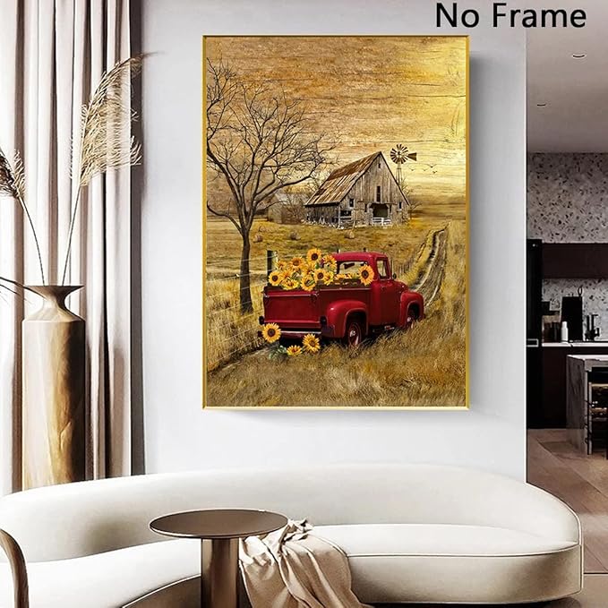 Barn Prints Farmhouse Old Barn Vintage Farmhouse Canvas Wall Art Red Truck Wall Art Old Truck Red Canvas House Pictures Wall Decor Old Barn Sunflower Pictures 16x24inch No Frame