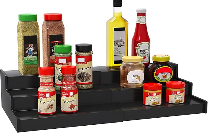 Spice Rack Organizer for Cabinet, 3 Tier Expandable Bamboo Spice Storage, Great for Kitchen Cabinet, Cupboard,Pantry and More(Black)
