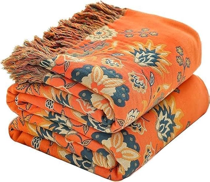 Fall Throw Blanket for Couch Bed Chair,100% Cotton Soft Lightweight Blanket Rustic Quilt -Orange Floral Printed Farmhouse Decor Bed All Season Blankets,60"×80"