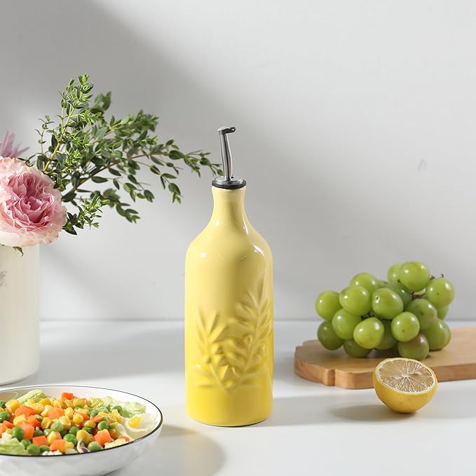Sweejar Ceramic Olive Oil Dispenser Bottle, 20 Oz Relief Opaque Oil Cruet Protects To Reduce Oxidation, Suitable for Storage Soy Sauce, Coffee Syrup, Liquids, Set of 1 (Gradient Yellow)