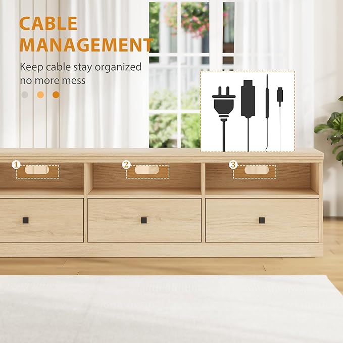 IDEALHOUSE 70in TV Stand for TVs up to 80", Mid Century Modern Entertainment Center with Storage Drawer and Open Shelves, TV Console Media Cabinet for Living Room, Bedroom (Light Oak)