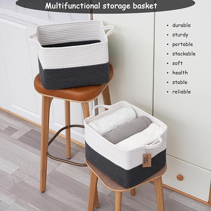 COMFY-HOMI Cotton Rope Woven Basket with Handles for Shelves,Toys,Book, Cloth Storage Baskets Bin for Organizing-13.5"x11"x9.5" Toy Decorative Organizer for Living Room, Bathroom-White/Dark Grey